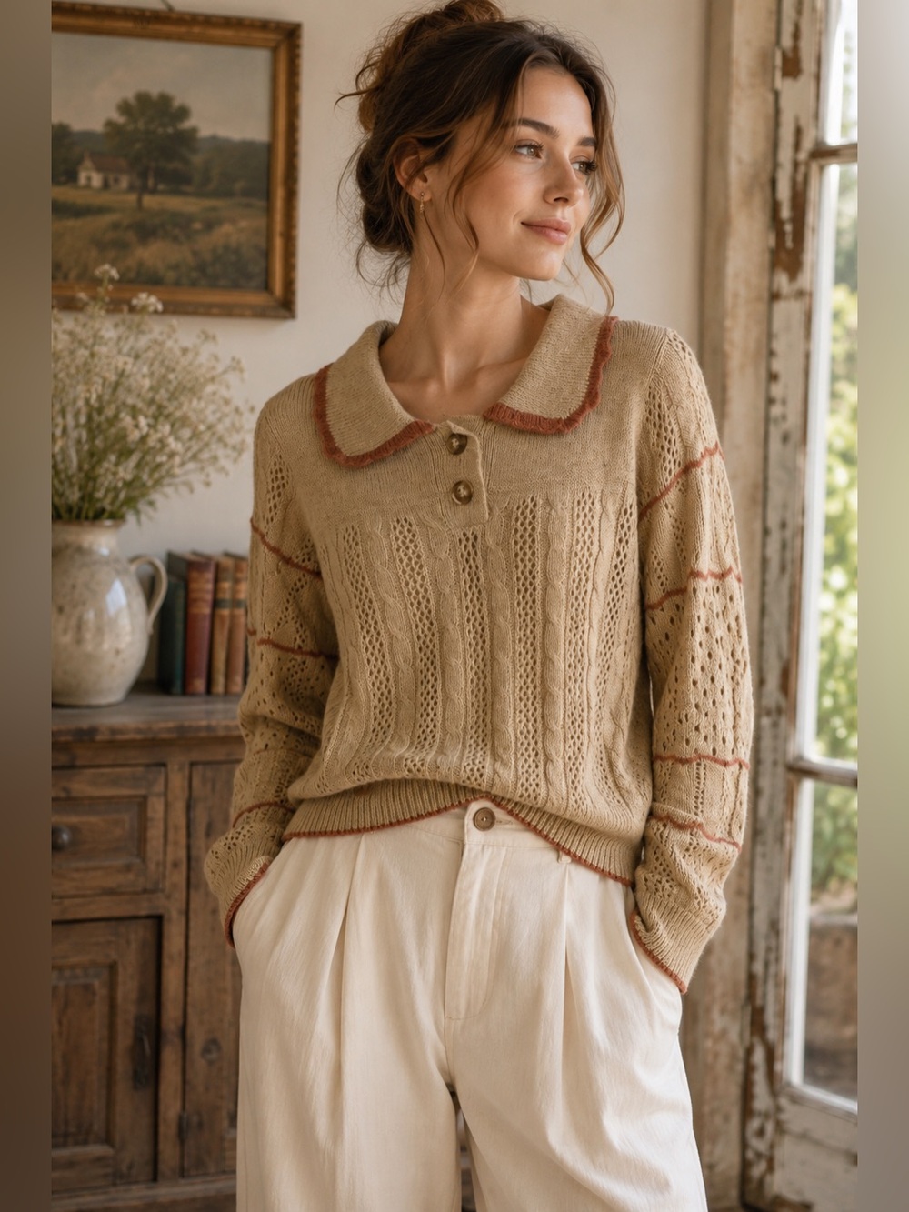 Nekane Pointelle Cable Knit Sweater Peter Pan Collar Romantic Cottagecore L
